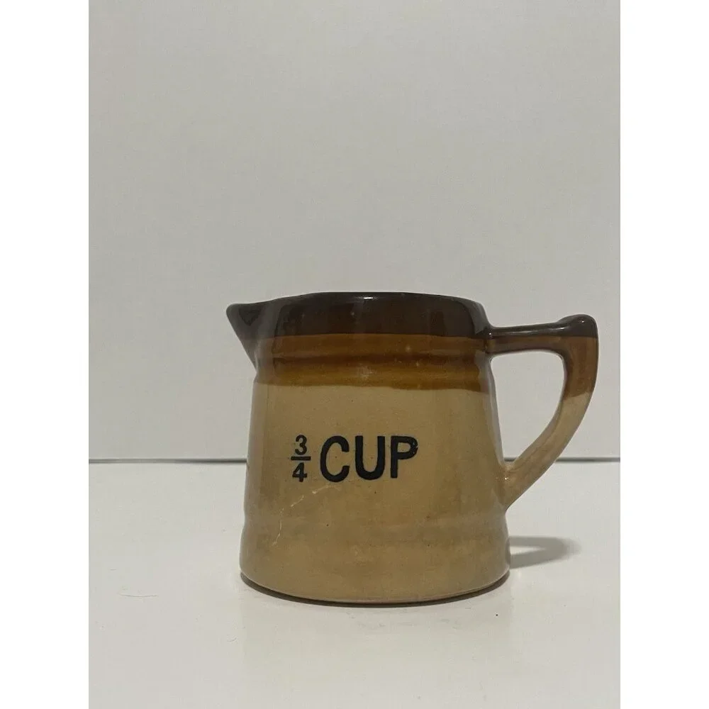Vintage Crock Measuring Cups Set of 3 Brown Tan Glazed Ceramic